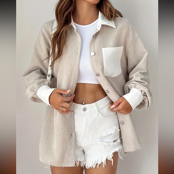 Women's Beige Neutral Nude Corduroy Shacket Jacket - Picture 3 of 3